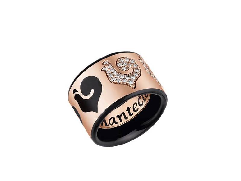 18KT ROSE GOLD BAND RING, DIAMOND PAVE' ROOSTER AND BLACK ENAMEL CAROUSEL CHANTECLER 41030